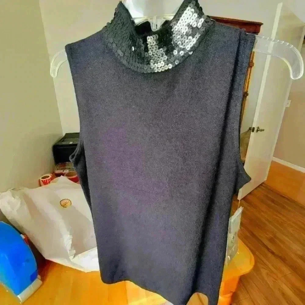 Sequin Mock Neck Sleeveless Top - Black